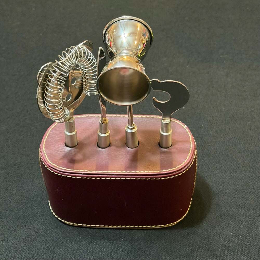 Vintage Mikasa Bar Tool Set with 4 stainless steel tools and Faux Leather Stand